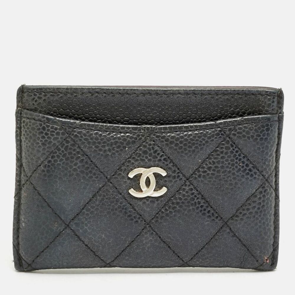 Chanel Cc Black Caviar Quilted Leather Card Holder